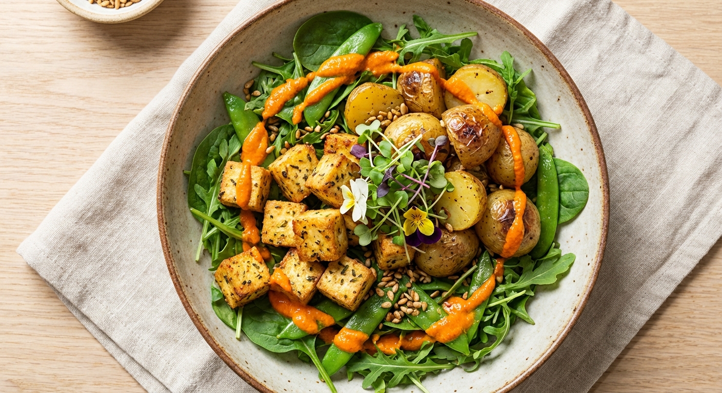 Crispy Herbed Tofu & Spring Greens Breakfast Bowl with Sautéed New Potatoes & Romesco Drizzle