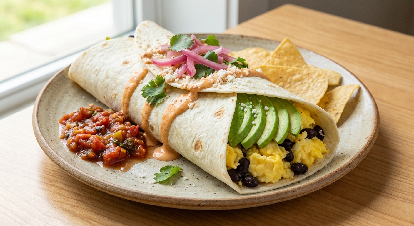 Breakfast Burrito with Scrambled Eggs, Black Beans & Avocado