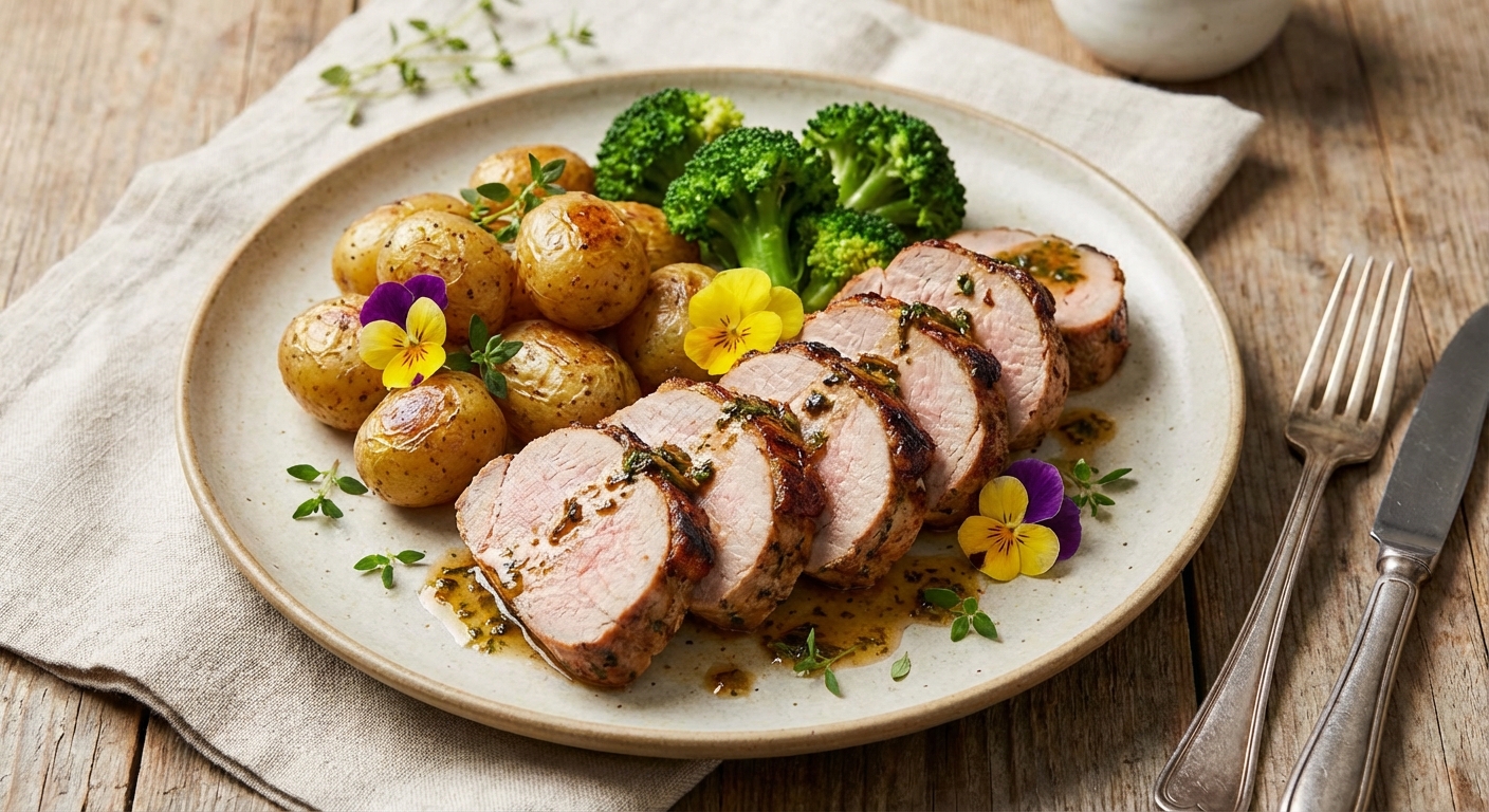 Roasted Pork Tenderloin with Herb Potatoes & Steamed Broccoli