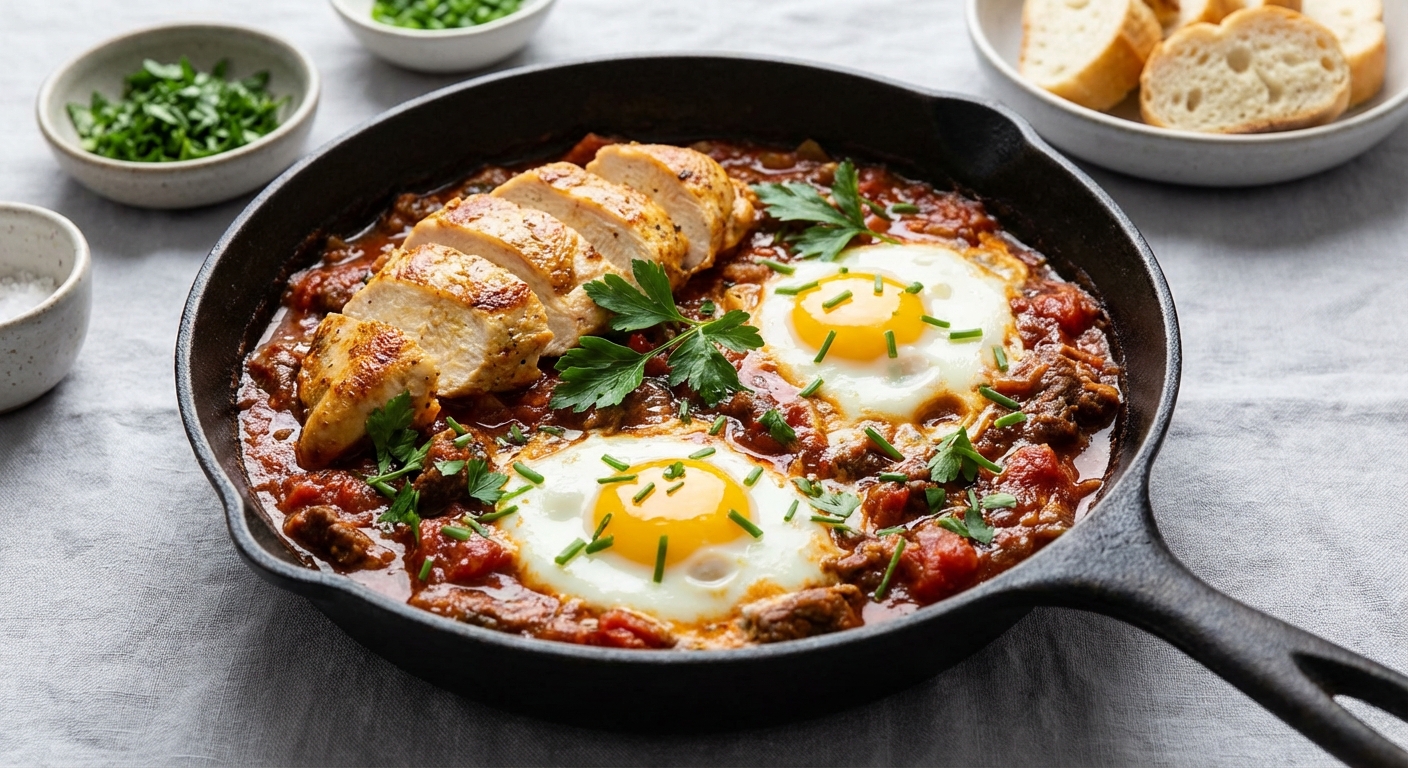 Beef and Tomato Skillet with Chicken and Egg Topping