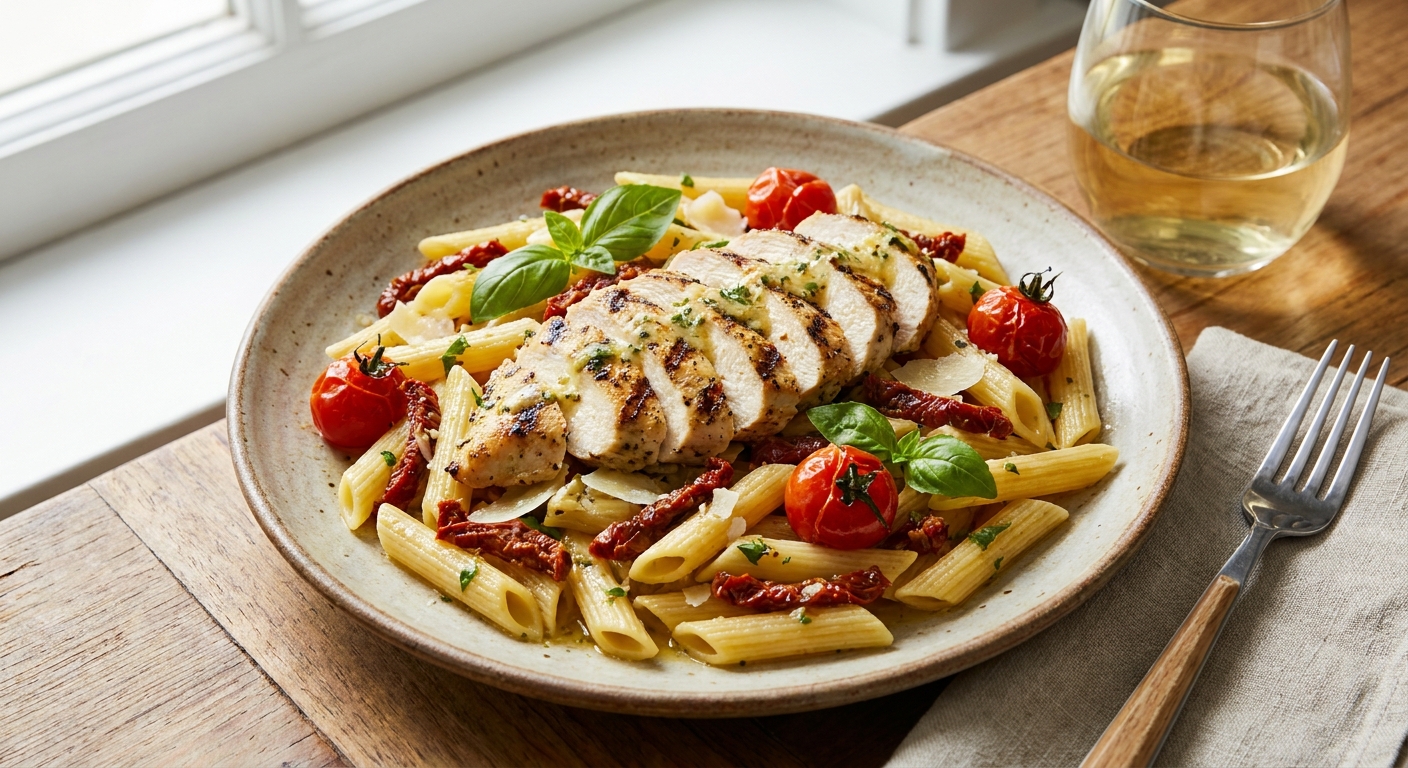 Grilled Lemon-Herb Chicken Penne with Sundried Tomato & Blistered Cherry Tomatoes