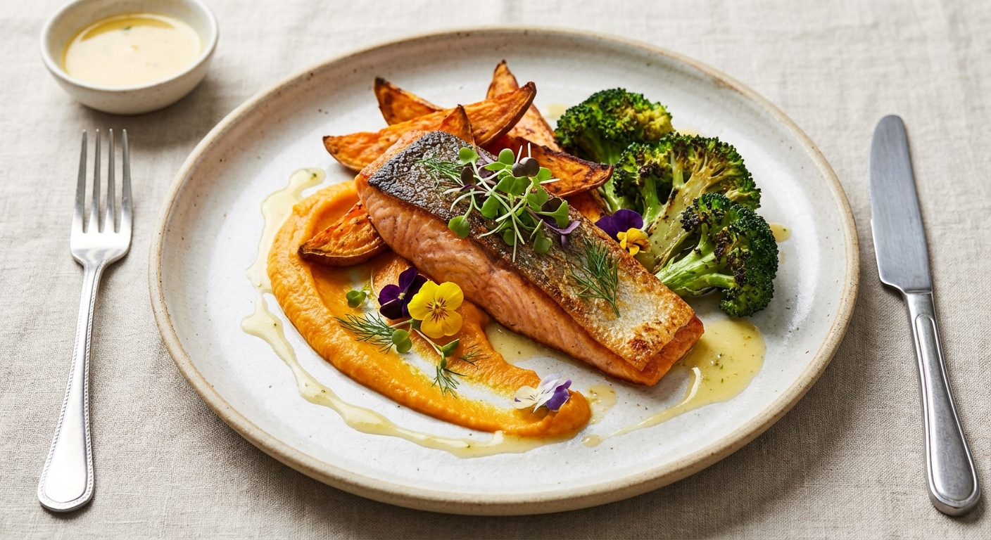 Pan-Seared Salmon with Roasted Sweet Potato & Broccoli