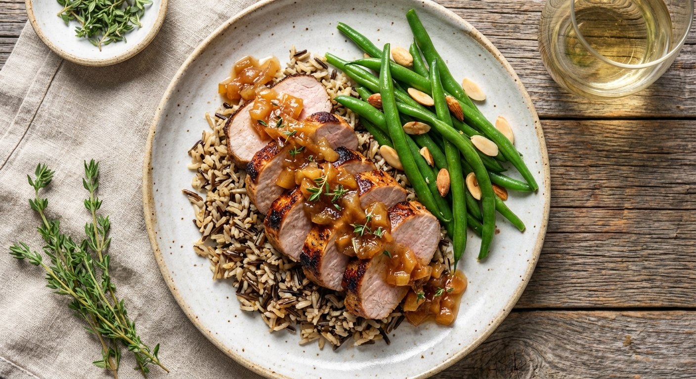 Seared Pork Tenderloin with Apple-Onion Chutney, Wild Rice Pilaf, and Steamed Green Beans