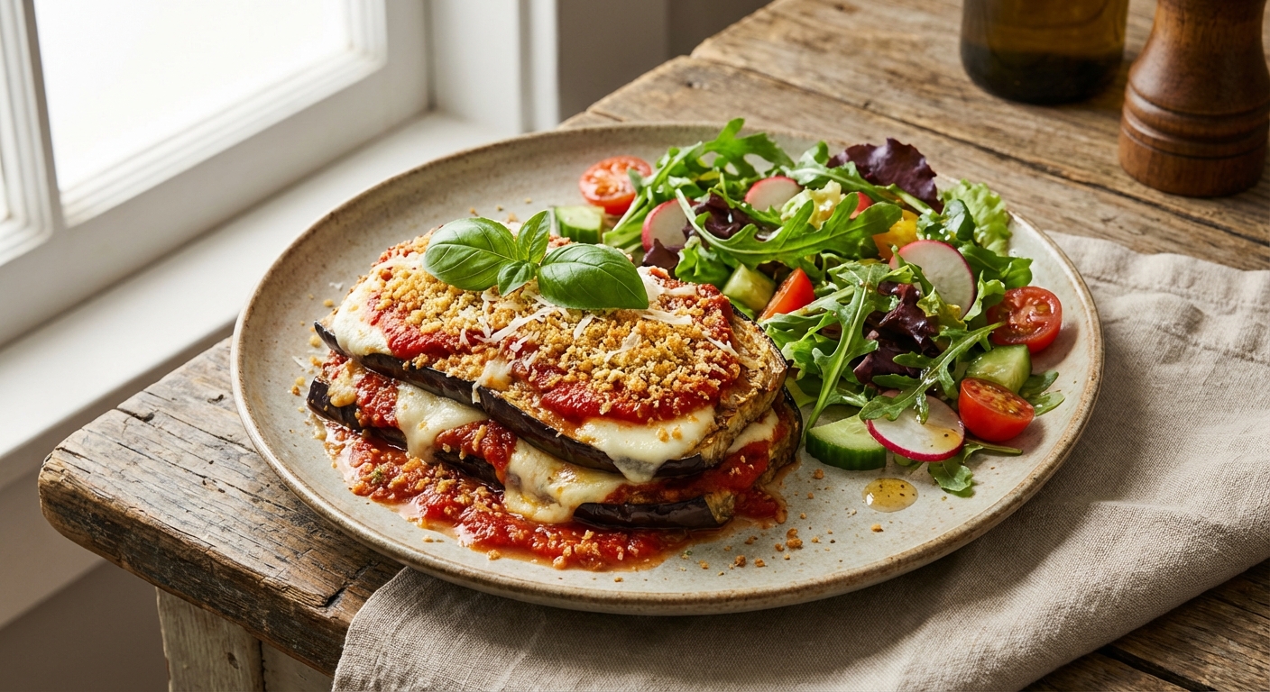 Eggplant Parmigiana with Mixed Green Salad