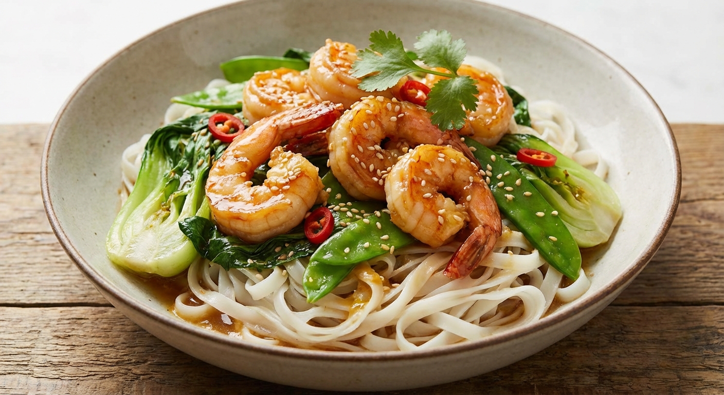 Citrus-Ginger Shrimp with Sesame Greens over Rice Noodles