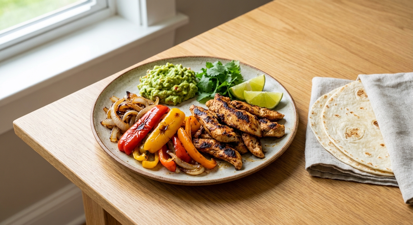 Quick Chicken Fajitas with Bell Peppers, Onions, & Guacamole