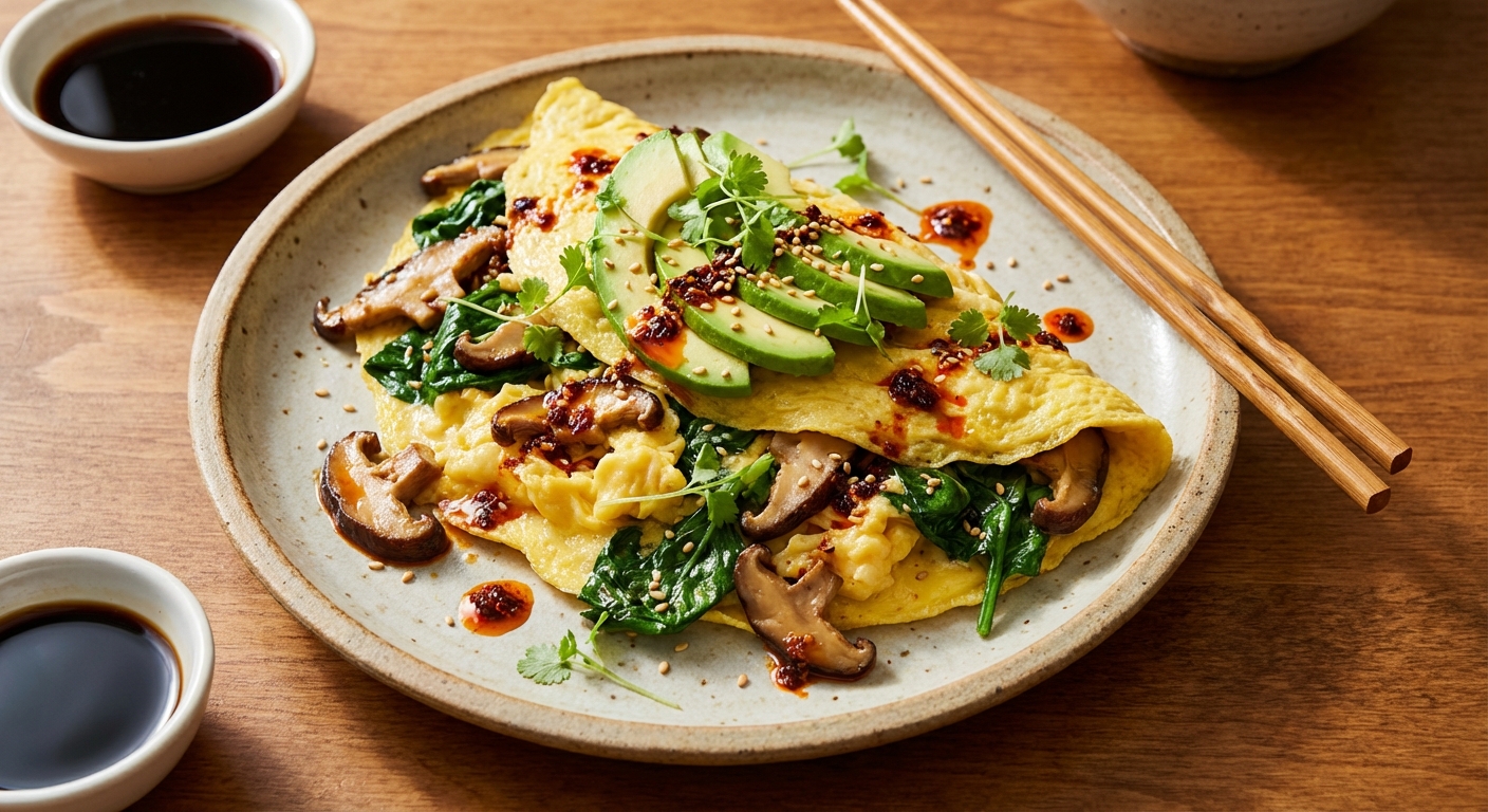 Asian-style Egg Scramble with Spinach, Shiitake & Avocado