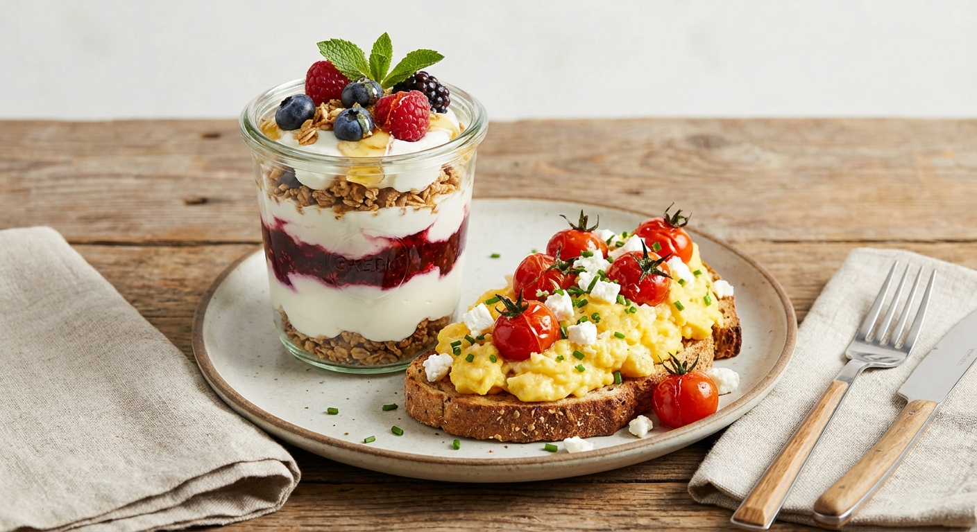 Greek Yogurt Berry Parfait + Scrambled Egg on Whole-Grain Toast