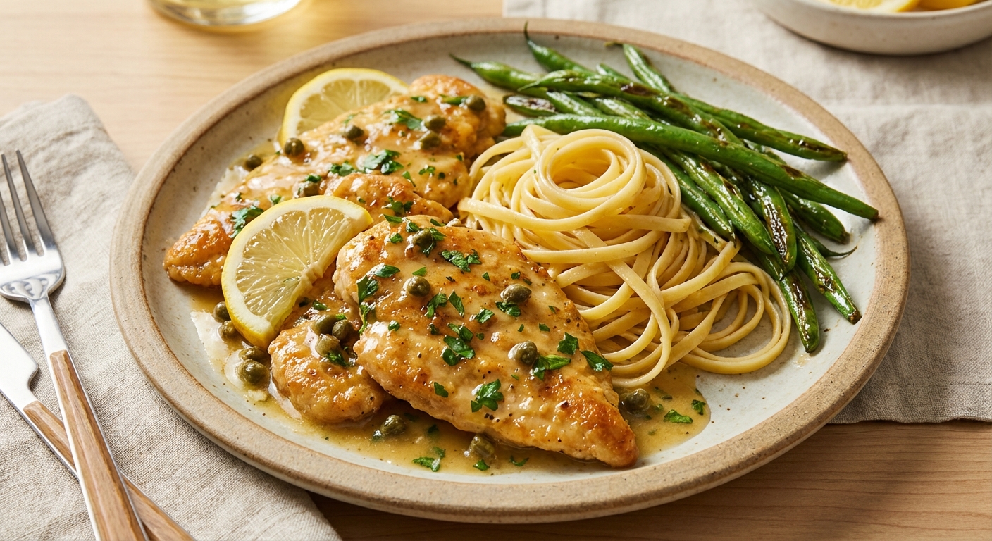 Chicken Piccata with Linguine and Tender Green Beans