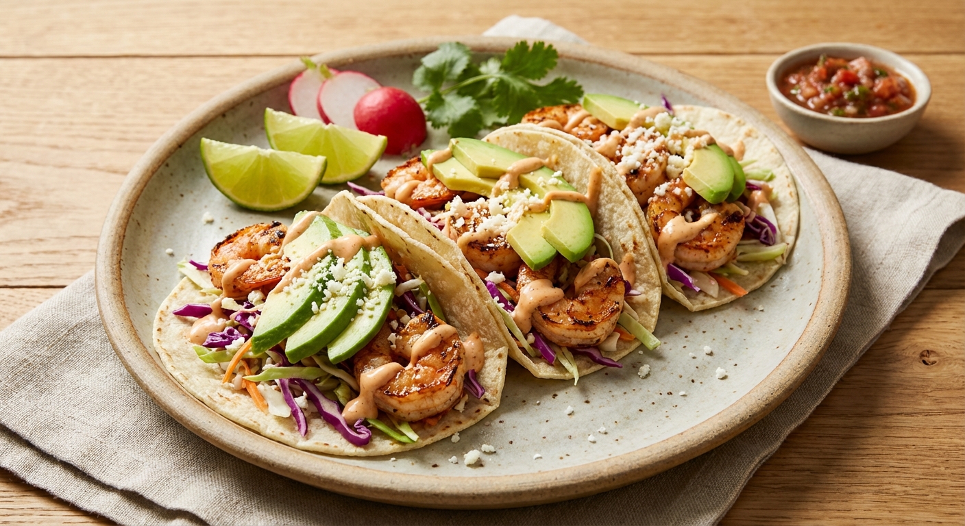 Shrimp Tacos with Cabbage Slaw & Avocado