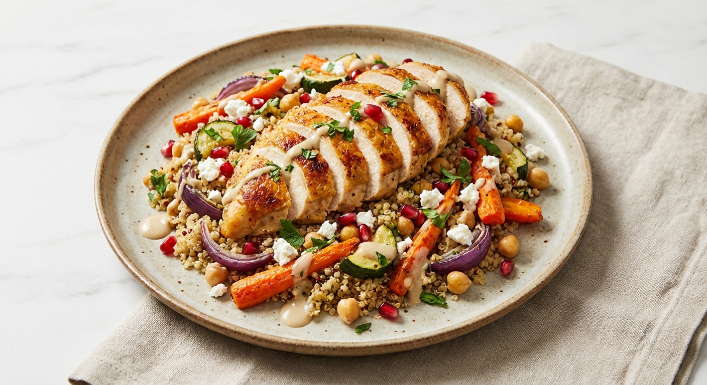 Roasted Chicken Breast & Quinoa Salad with Chickpeas, Roasted Veg, and Feta