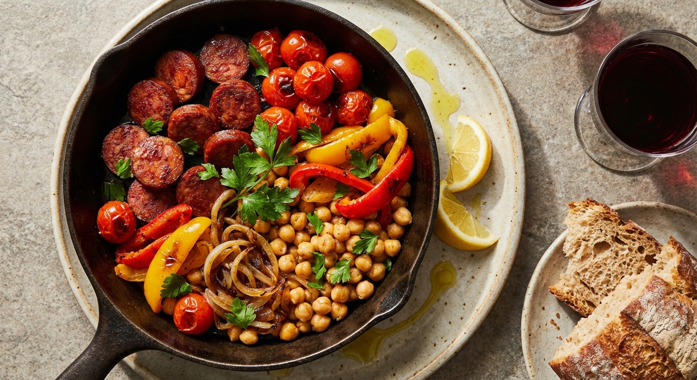 Spanish-Style Seared Gluten-Free Chorizo & Chickpea Pan with Roasted Peppers and Parsley