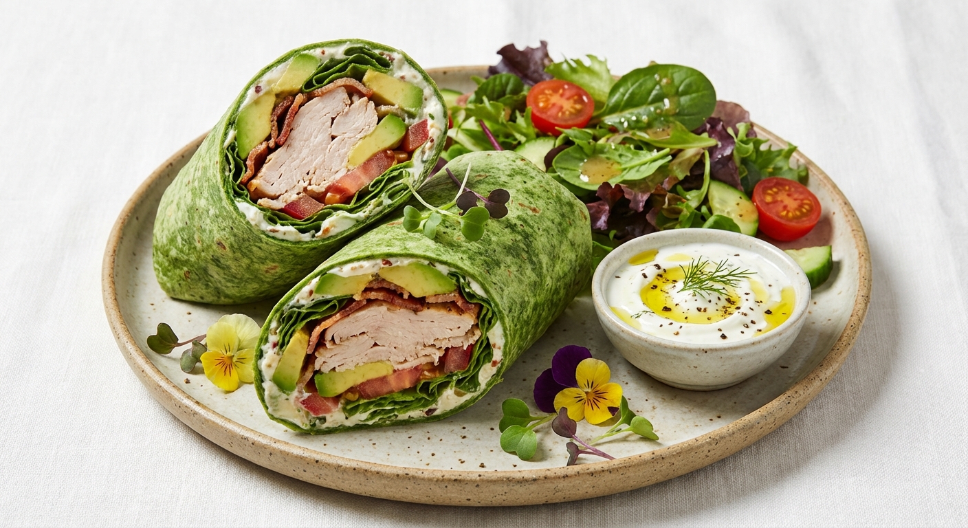 Turkey & Avocado Wrap with Side Salad and Greek Yogurt Dip