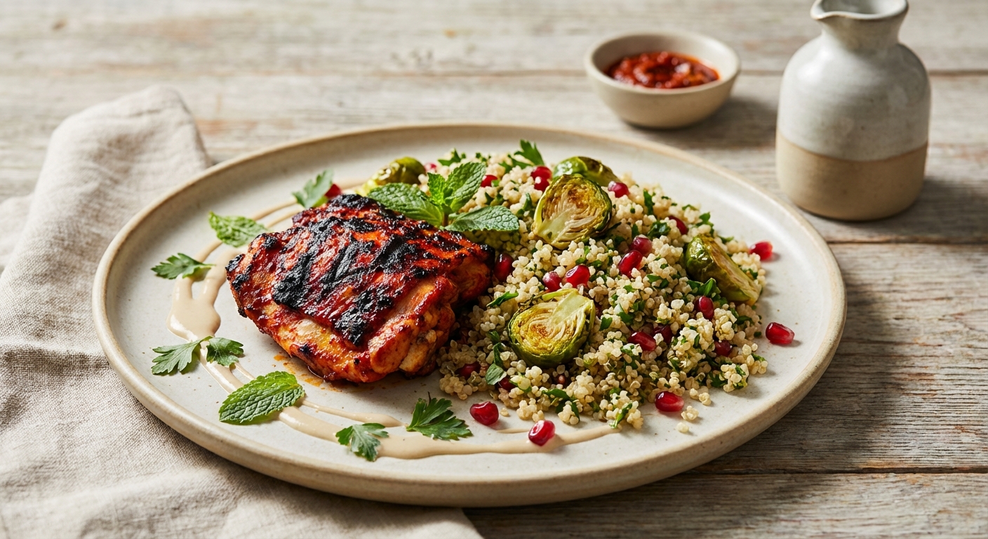 Harissa-Grilled Chicken Thigh with Warm Quinoa Tabbouleh, Roasted Brussels & Pomegranate