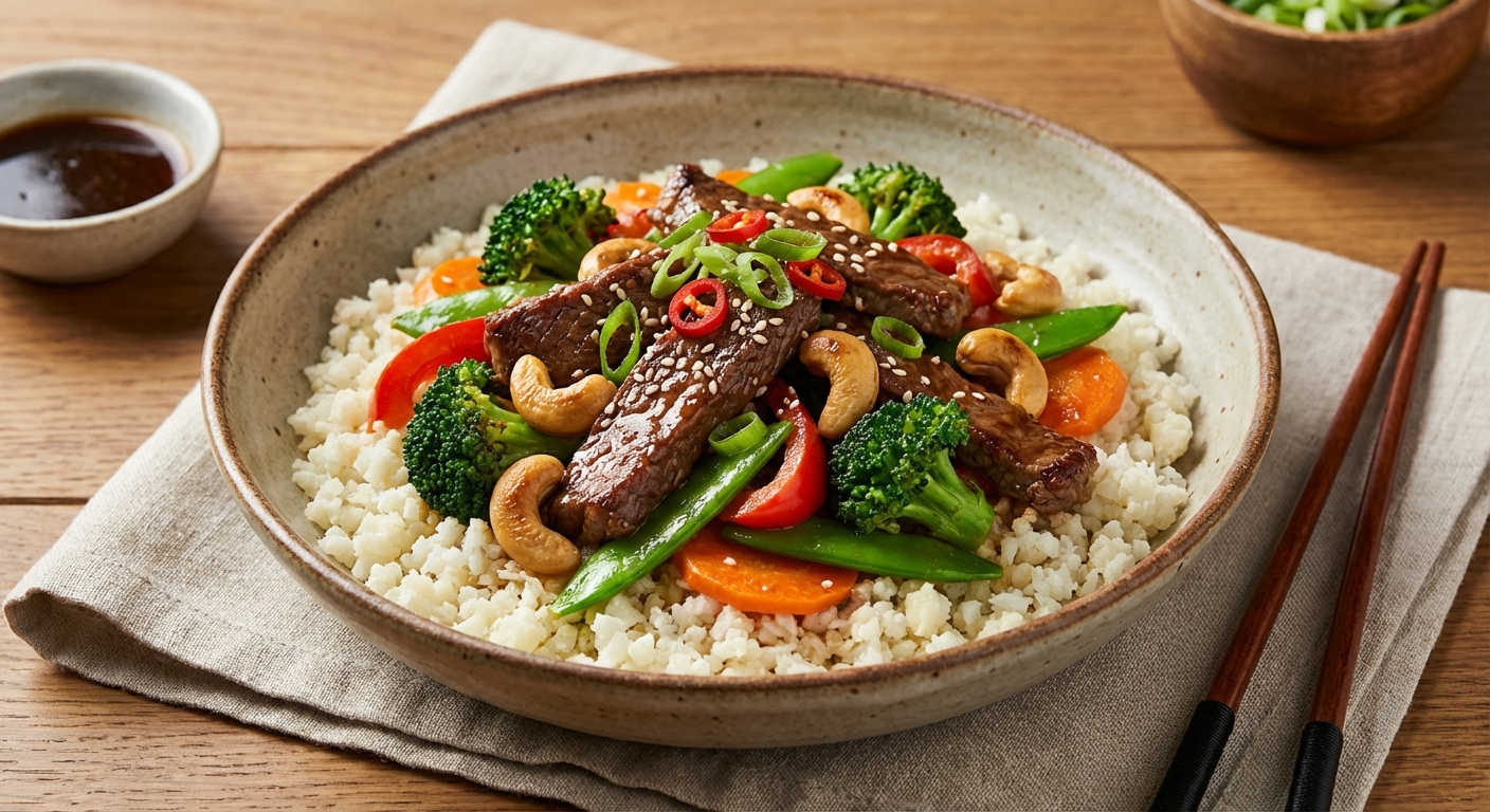 Beef & Vegetable Stir‑Fry with Cashews and Cauliflower Rice