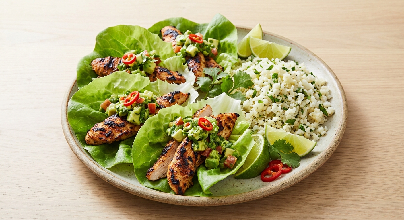 Grilled Chicken Lettuce Wraps with Avocado–Cilantro Salsa & Cauliflower Rice