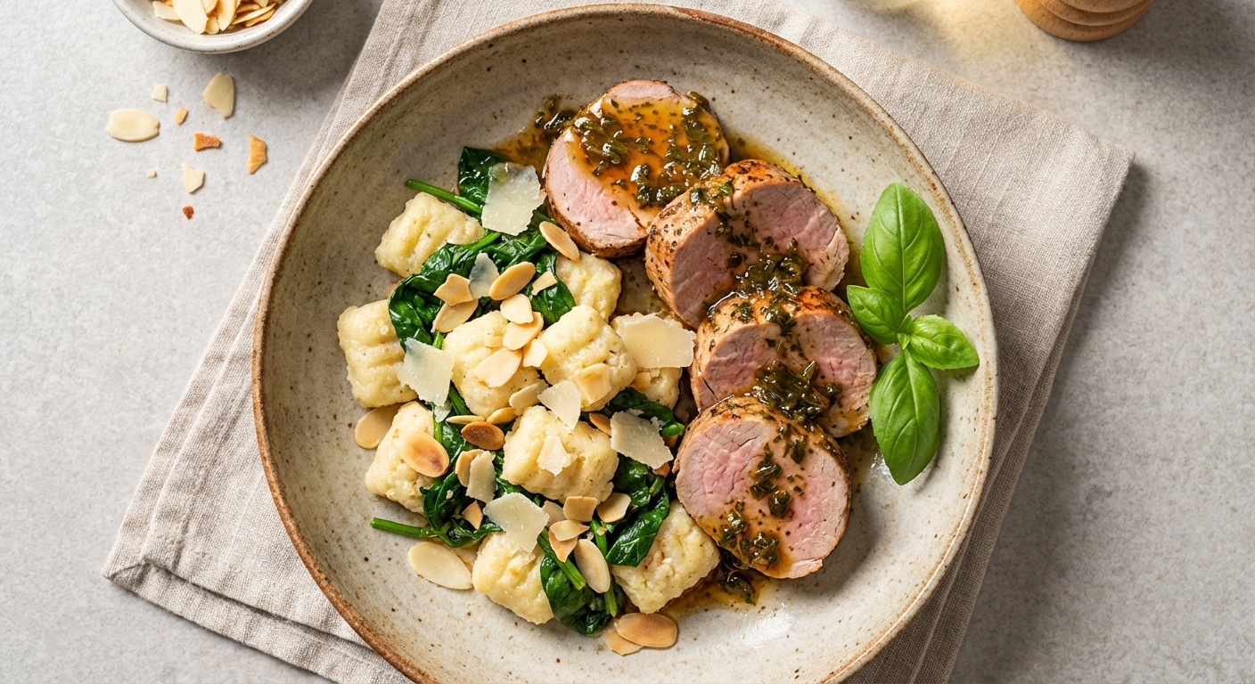 Italian Pork Tenderloin with Almond-Cauliflower Gnocchi & Sautéed Spinach