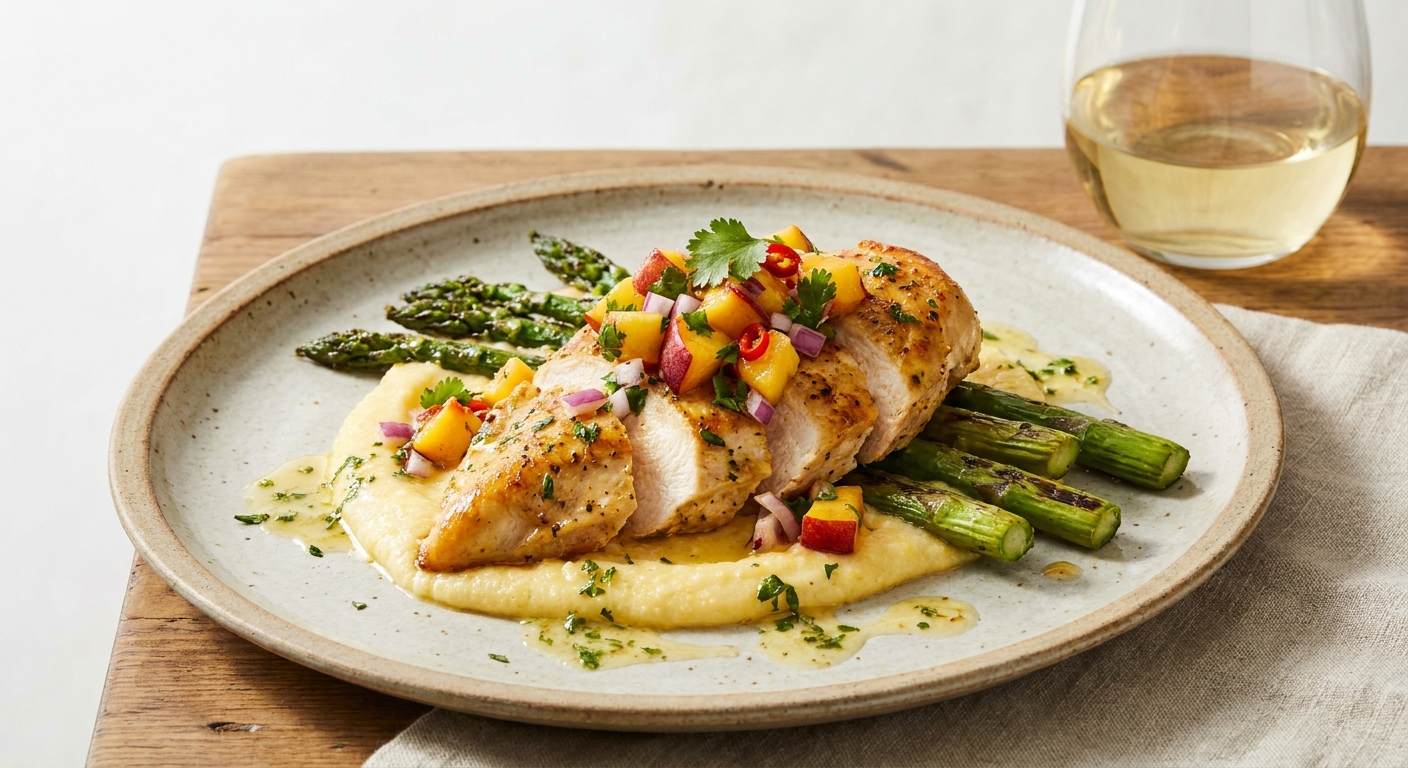 Pan‑Seared Lemon‑Garlic Chicken with Charred Peach Salsa, Creamy Polenta and Grilled Asparagus