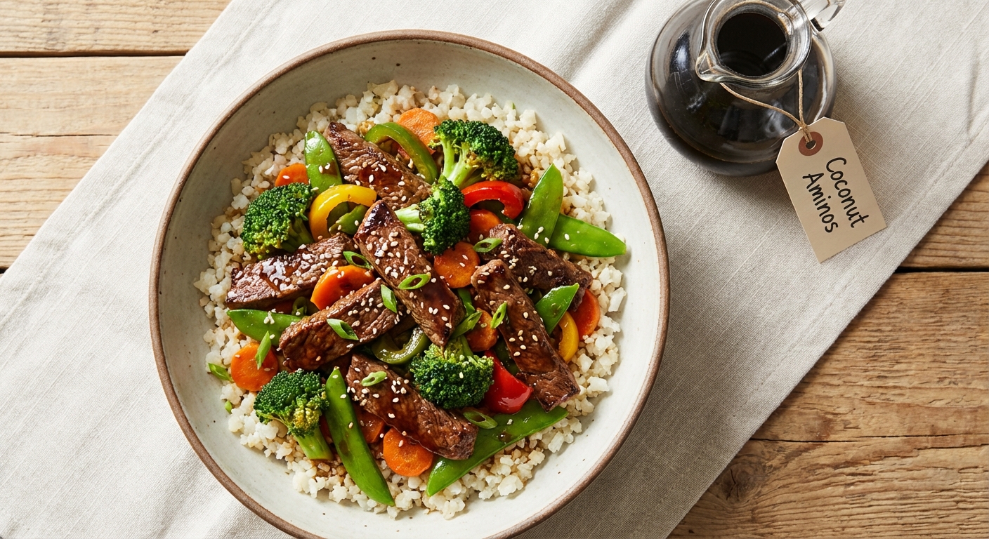 Beef & Vegetable Stir-Fry over Cauliflower Rice with Coconut Aminos