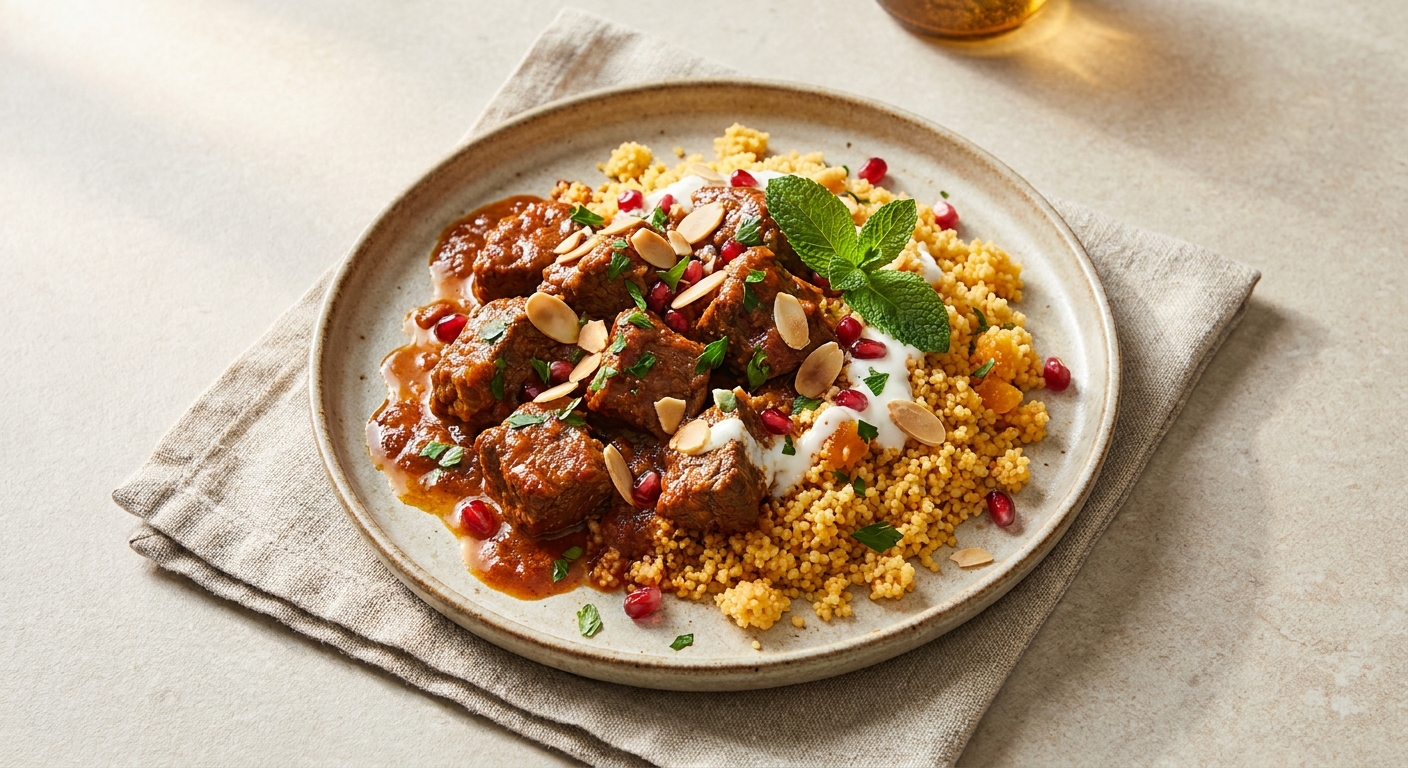 Moroccan-Spiced Quick-Braised Beef with Apricot Couscous and Toasted Almonds