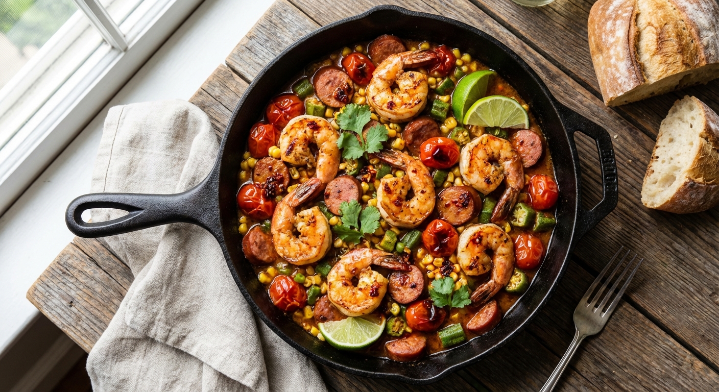 Spicy Shrimp & Sausage Skillet