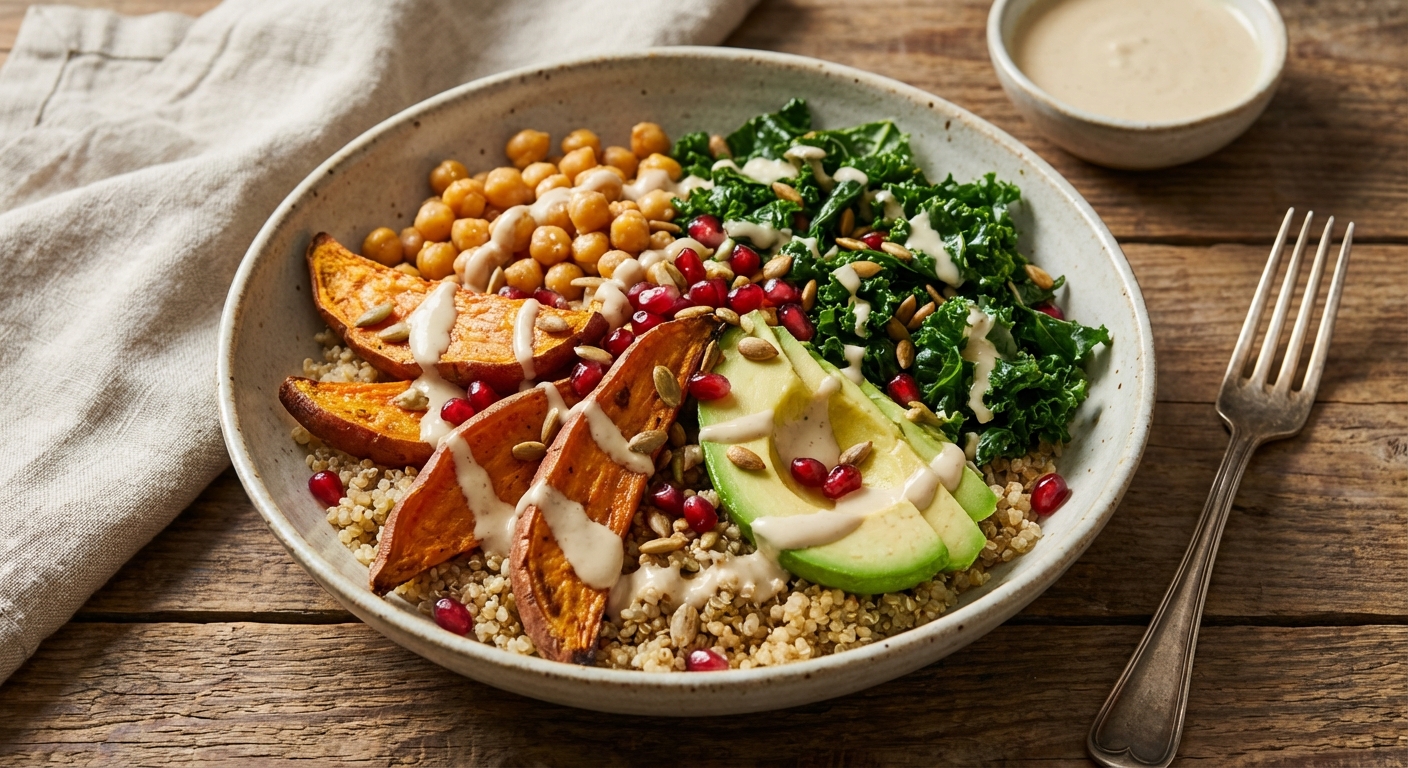 Quinoa Chickpea Salad with Roasted Sweet Potato & Tahini Dressing