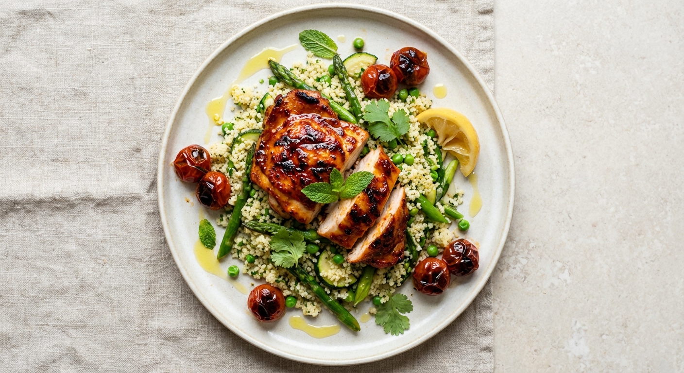 Harissa-Marinated Grilled Chicken Thighs with Lemon Spring Vegetable Couscous and Charred Cherry Tomatoes