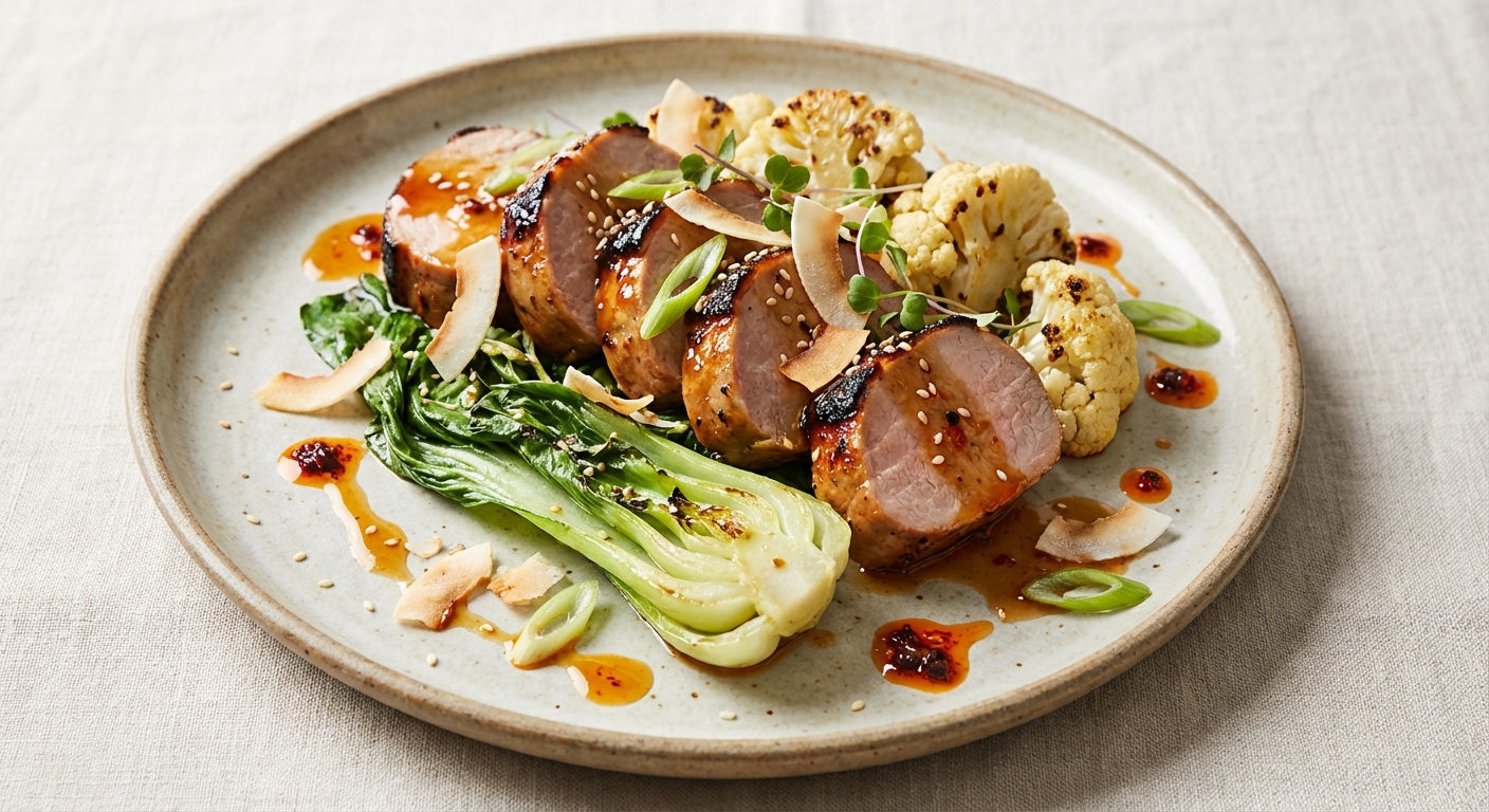 Ginger-Coconut Glazed Pork Tenderloin with Bok Choy & Roasted Cauliflower (Asian-American)