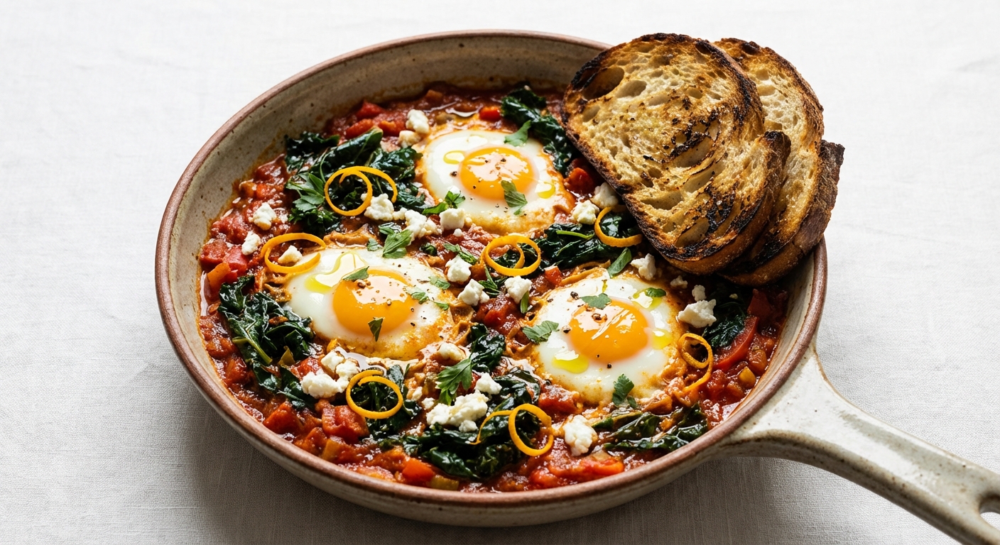 Braised Shakshuka with Winter Kale, Orange Zest & Toasted Sourdough