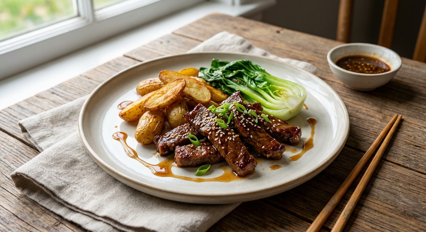 Soy-Ginger Seared Beef Strips with Crispy Fingerling Potatoes & Stir-Fried Baby Bok Choy