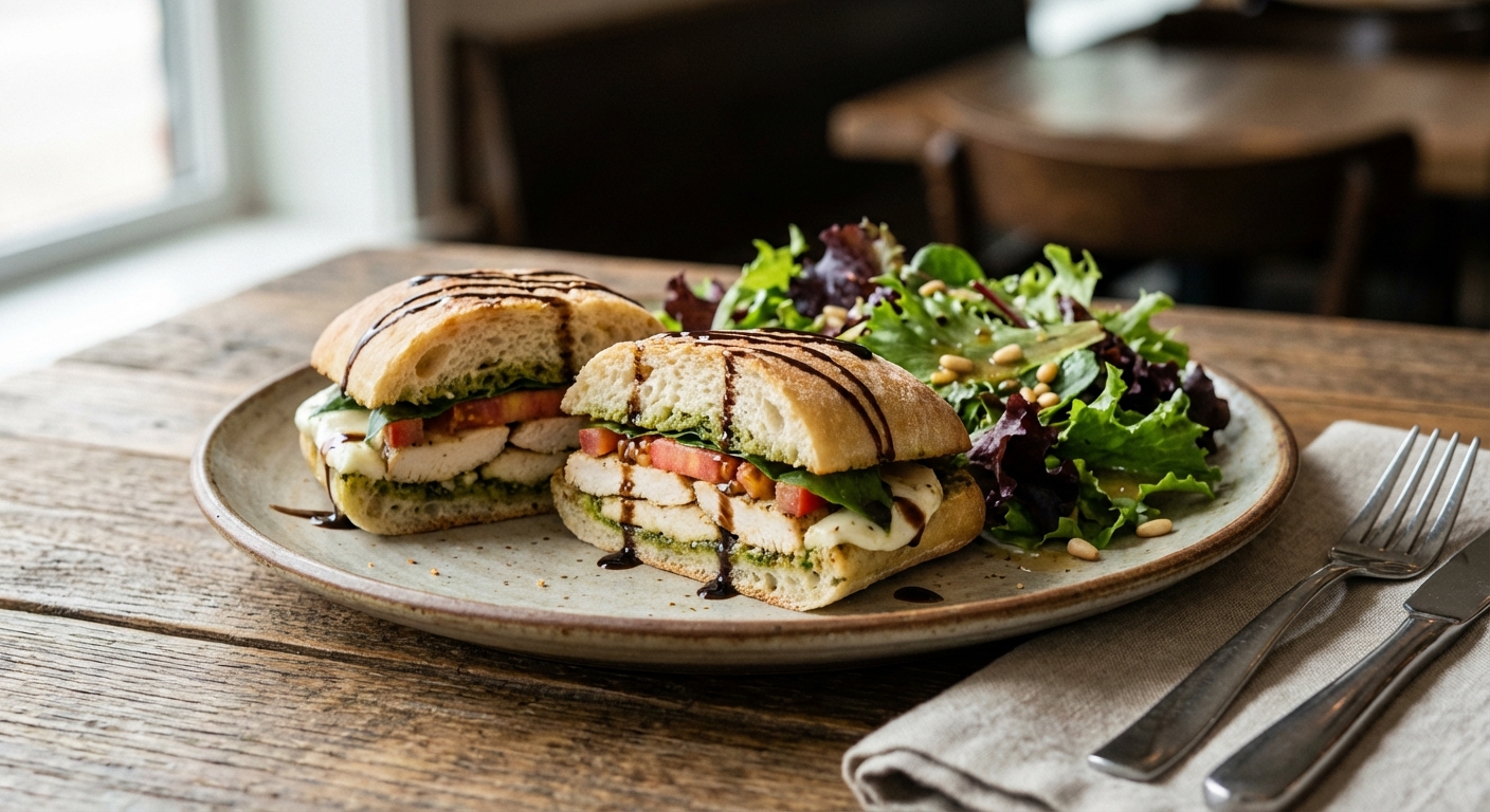 Caprese Chicken Panini with Mixed Greens