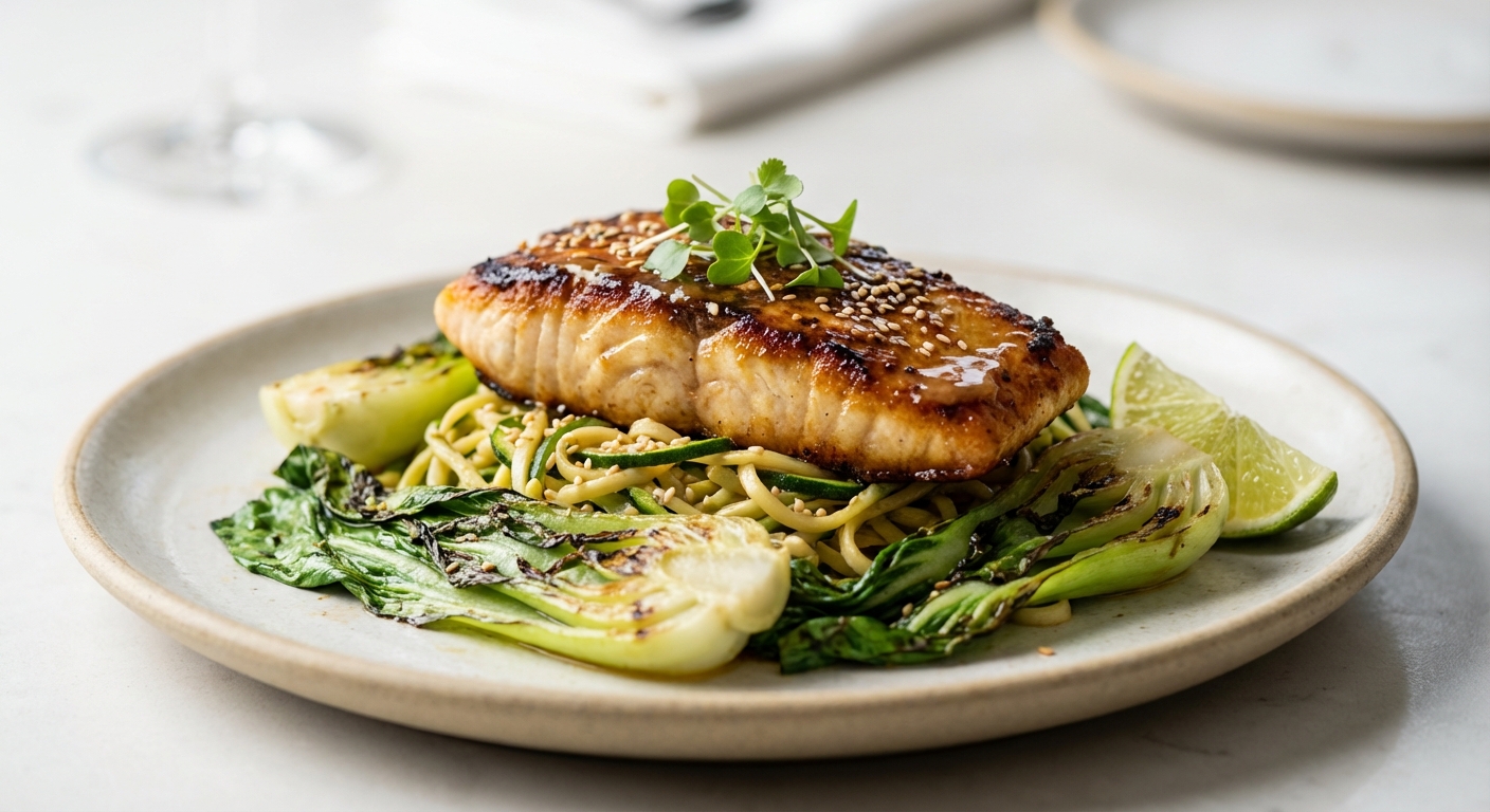 Miso-Butter Pan-Seared Sea Bass with Sesame Zucchini Noodles & Quick‑Steamed Baby Bok Choy