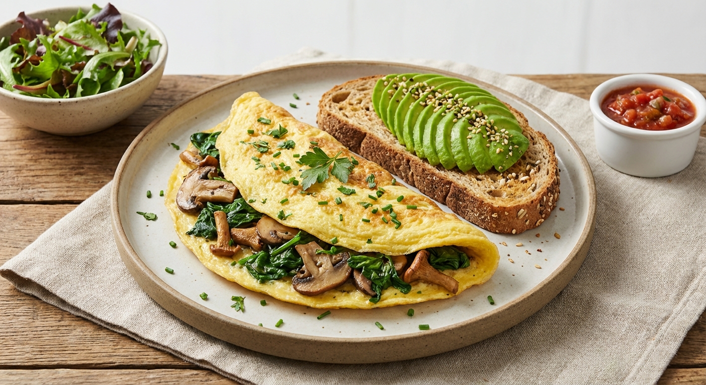 Spinach & Mushroom Omelette with Whole-Grain Toast and Avocado