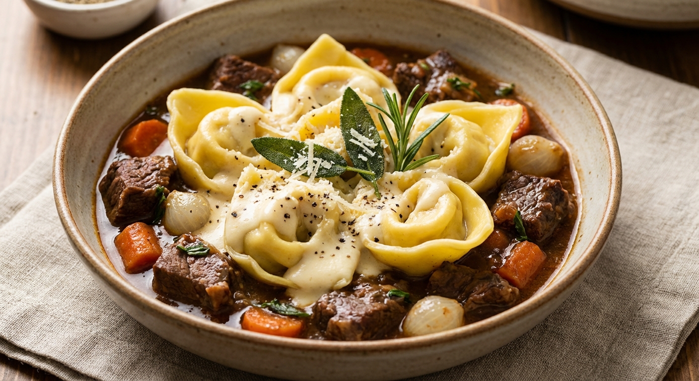 Cheese Tortellini with Beef Stew and Four Cheese Sauce