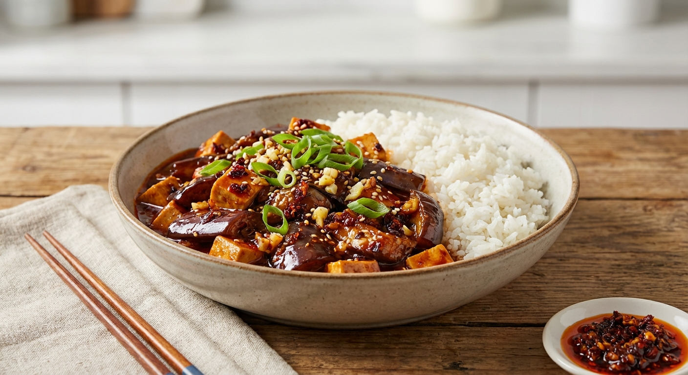 Sichuan-Style Garlic Eggplant & Tofu with Jasmine Rice