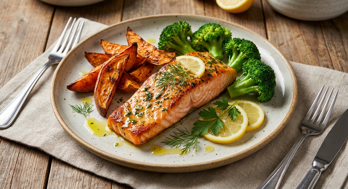 Baked Salmon with Roasted Sweet Potatoes and Steamed Broccoli