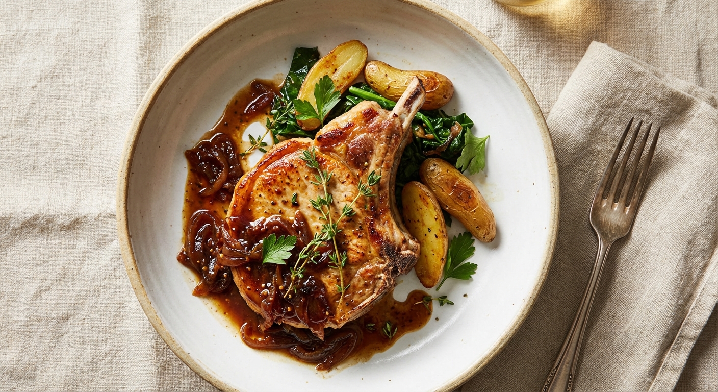 Pan-Seared Bone-In Pork Chops with Caramelized Onion & Mustard-Sherry Pan Sauce
