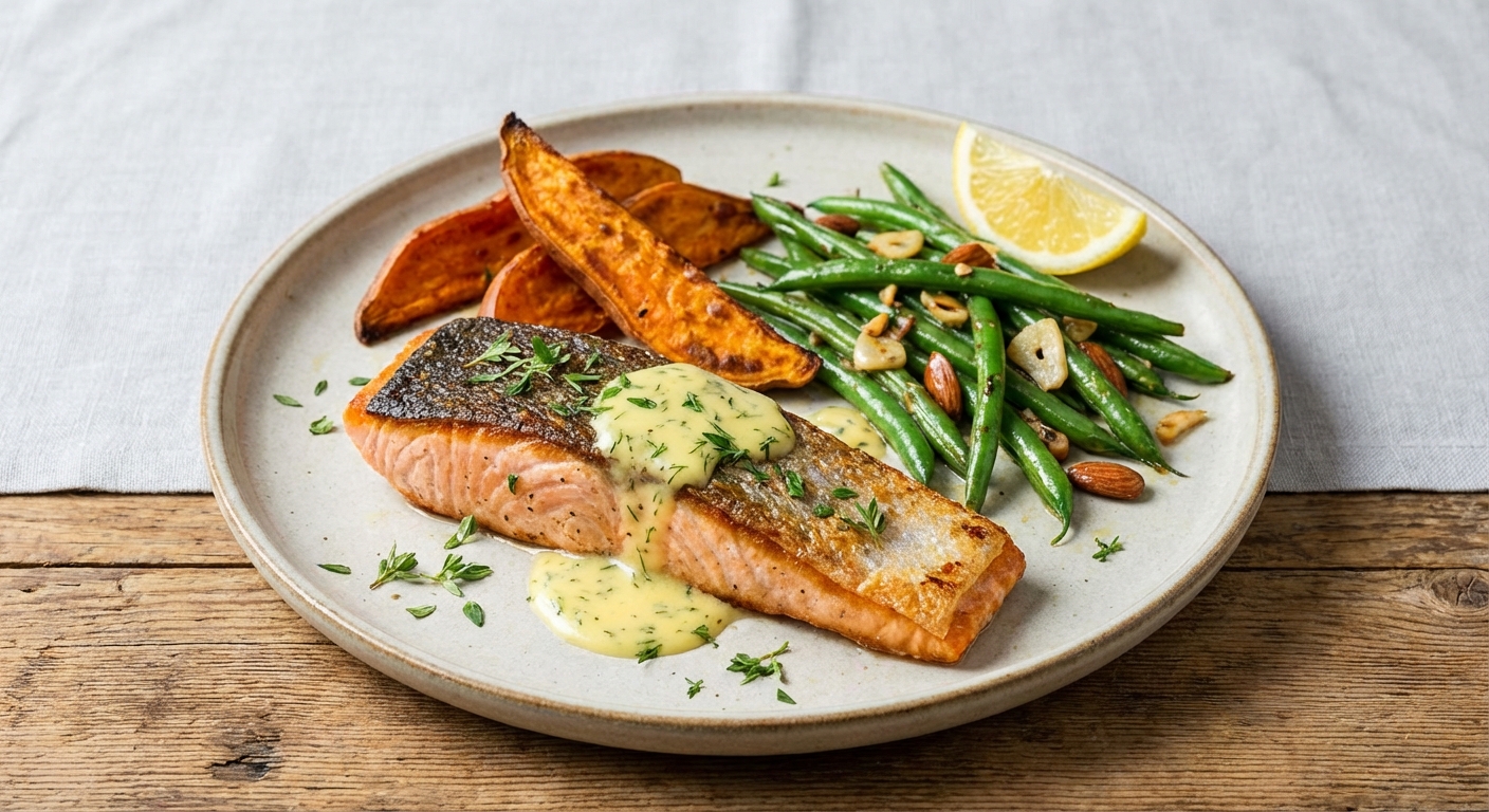 Pan-Seared Salmon with Roasted Sweet Potato & Sautéed Green Beans