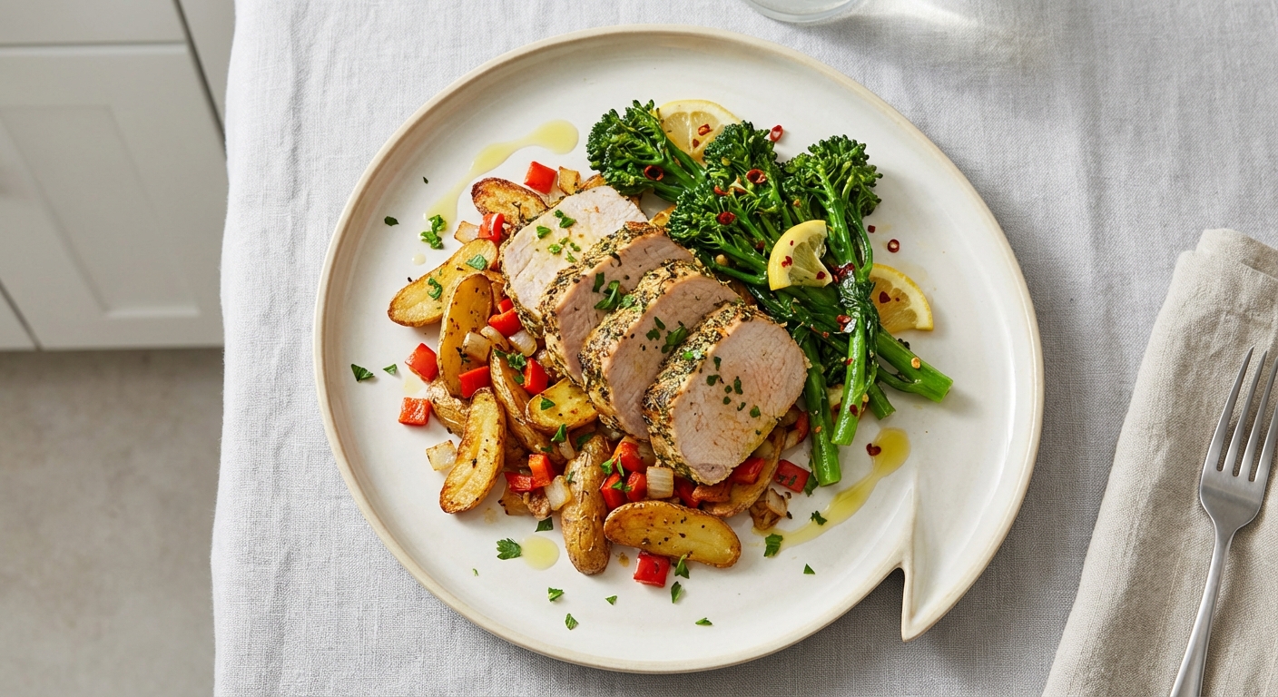 Herb‑Crusted Italian Pork & Roasted Fingerling Potato Hash with Lemon‑Chili Broccoli Rabe