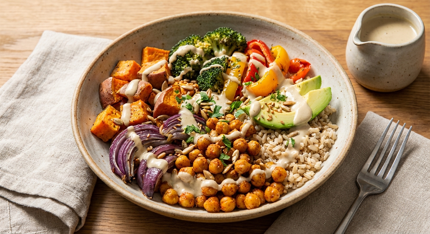 Chickpea & Roasted Vegetable Buddha Bowl with Brown Rice & Tahini Dressing