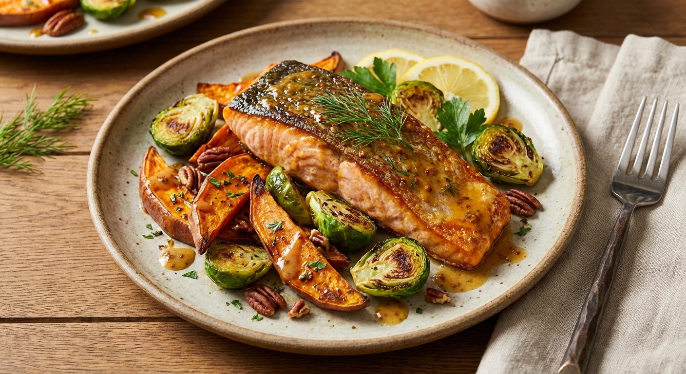 Baked Salmon with Roasted Sweet Potato & Brussels Sprouts