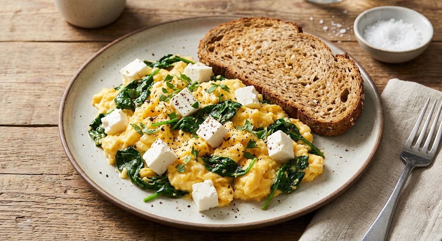 Scrambled Eggs with Spinach & Feta + Whole-Grain Toast