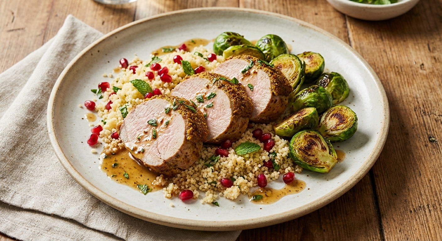 Roasted Cumin‑Lemon Pork Tenderloin with Pomegranate‑Mint Couscous and Steamed Brussels Sprouts