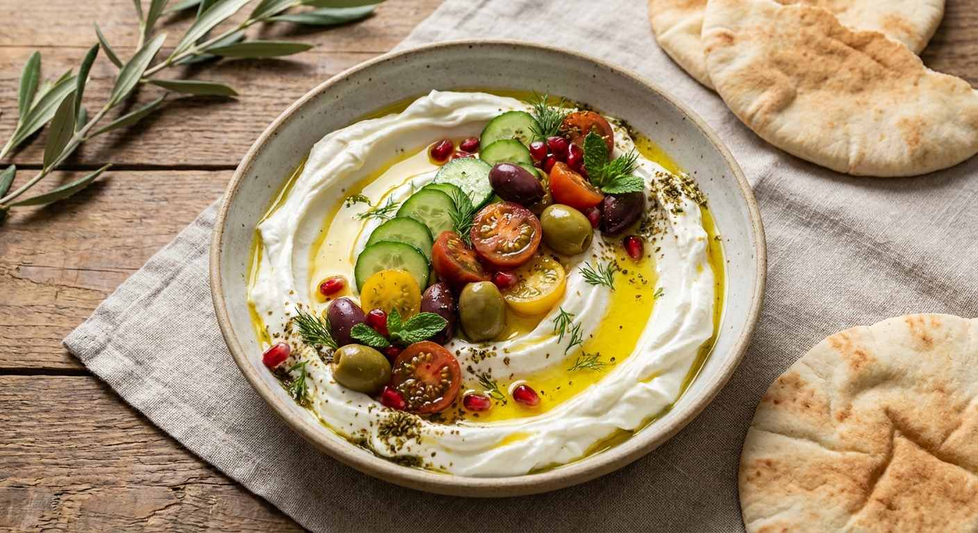 Labneh Bowl with Cucumber, Tomatoes & Olive Oil