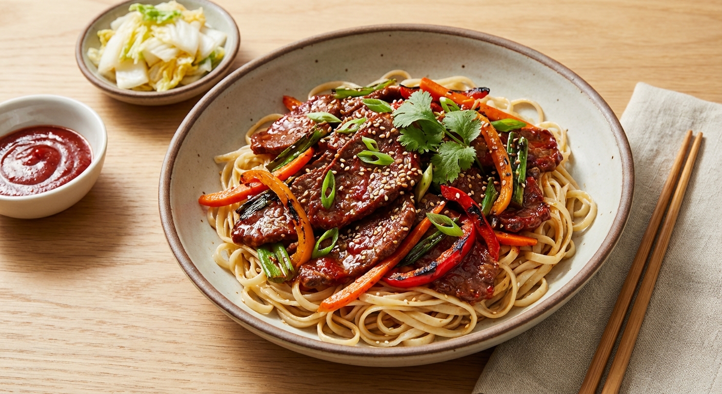 Quick Gochujang Beef Stir-Fry with Sesame Rice Noodles & Quick-Pickled Napa Cabbage