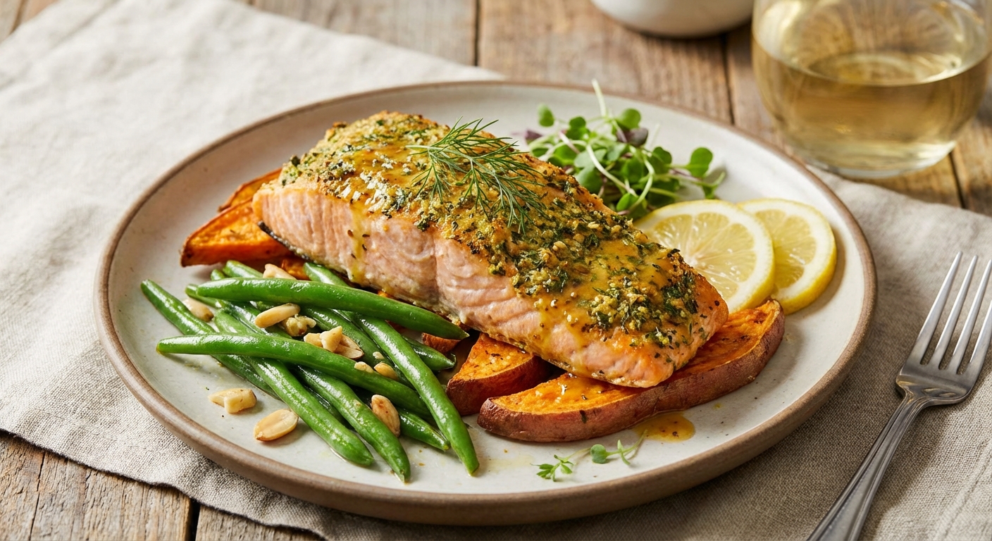 Baked Salmon with Roasted Sweet Potato & Sautéed Green Beans
