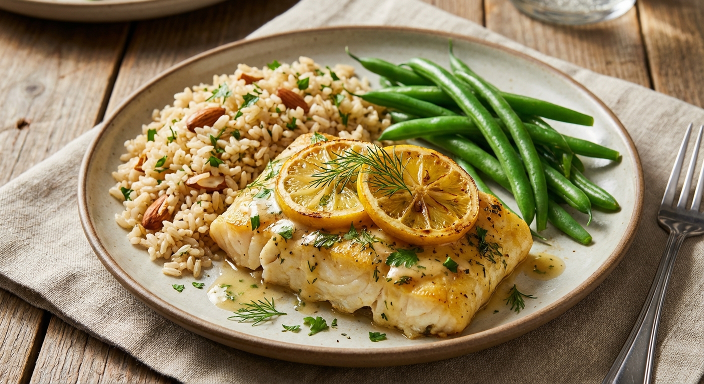 Baked Lemon-Herb Cod with Brown Rice Pilaf & Steamed Green Beans