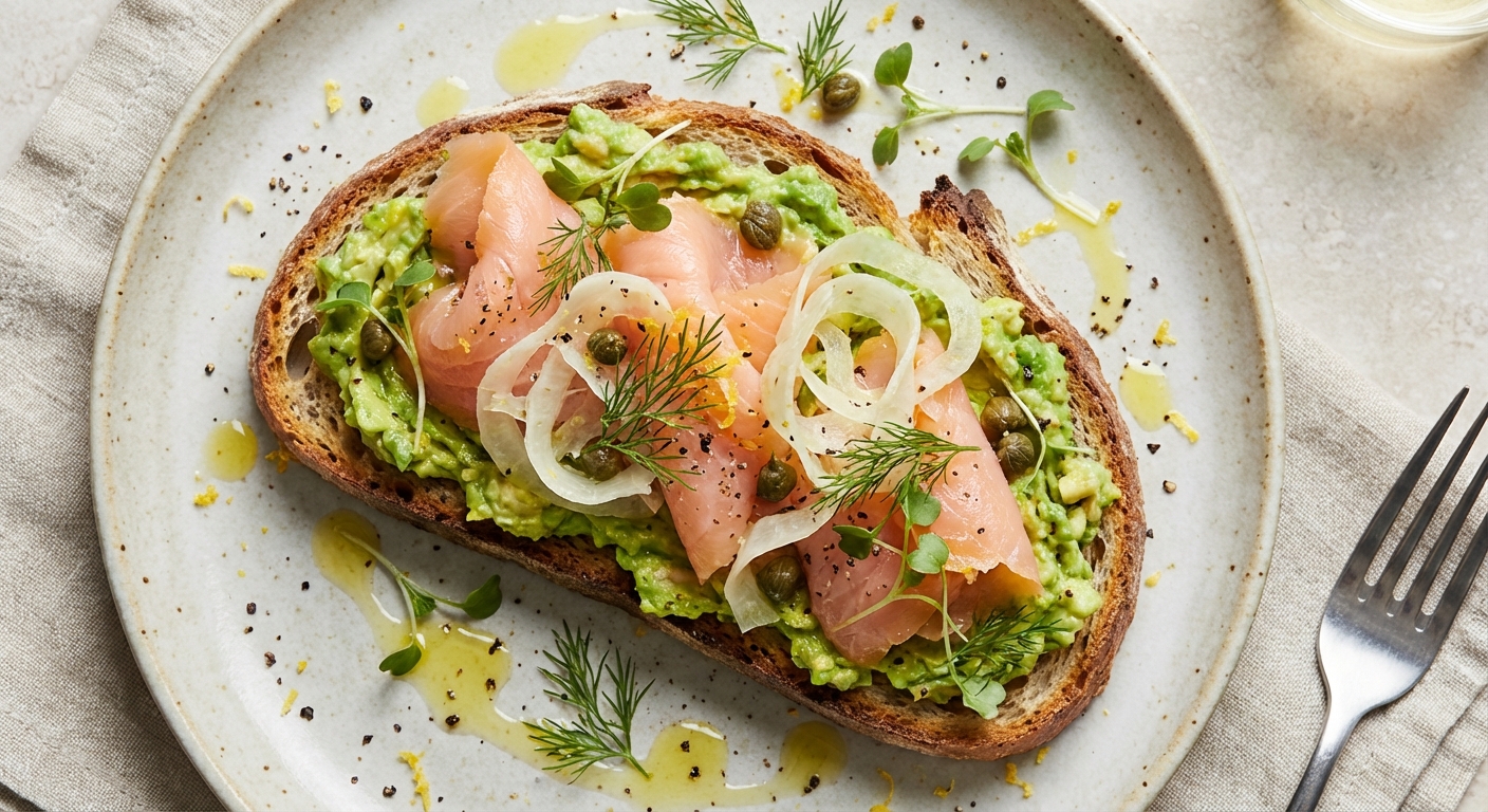 Citrus-Smoked Salmon & Avocado Toast on Rustic Sourdough with Quick-Pickled Fennel & Dill
