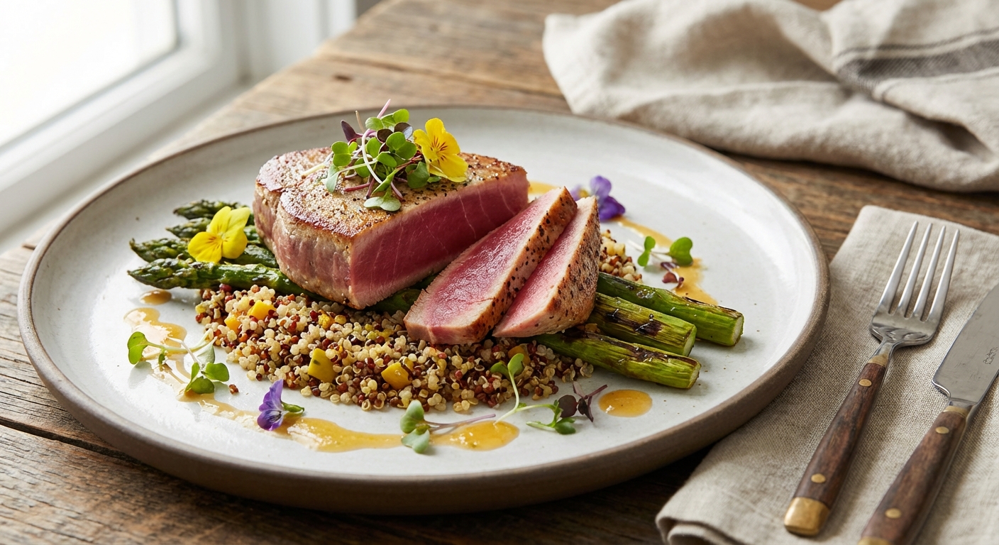 Seared Tuna Steak with Quinoa Pilaf & Asparagus