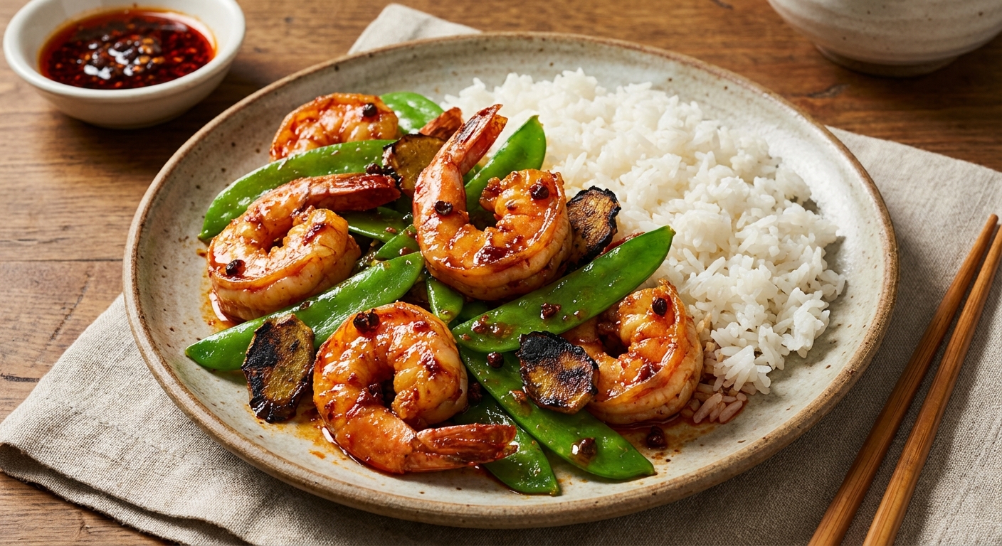 Sichuan-Style Stir-Fried Shrimp with Snow Peas, Charred Ginger & Jasmine Rice